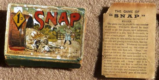 A c.1890s card game of SNAP by Woolley & Co Ltd, London. 8 sets of 4 cards (3 missing) with Rules card. In original box with price 1d s